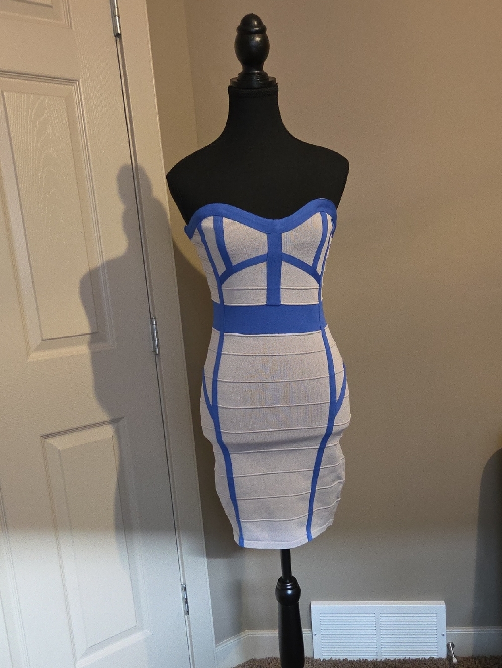WOW couture Strapless Grey Dress with Bold Blue Accents